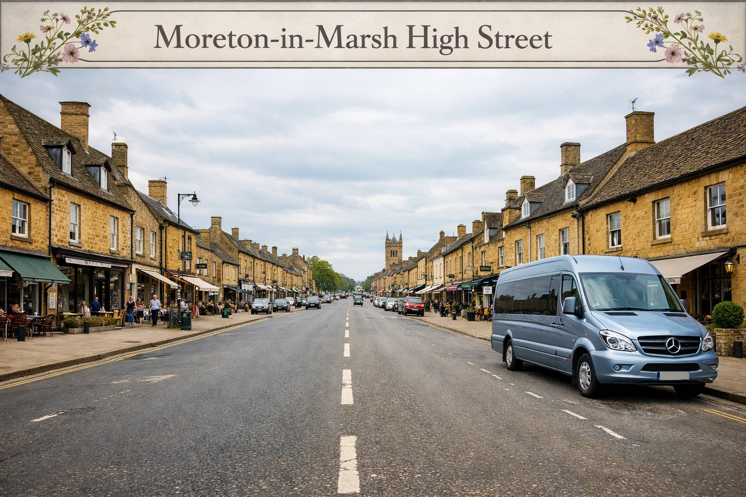 Wide Moreton-in-Marsh High Street with historic Cotswold stone buildings and a Shakespeare Coaches minibus.