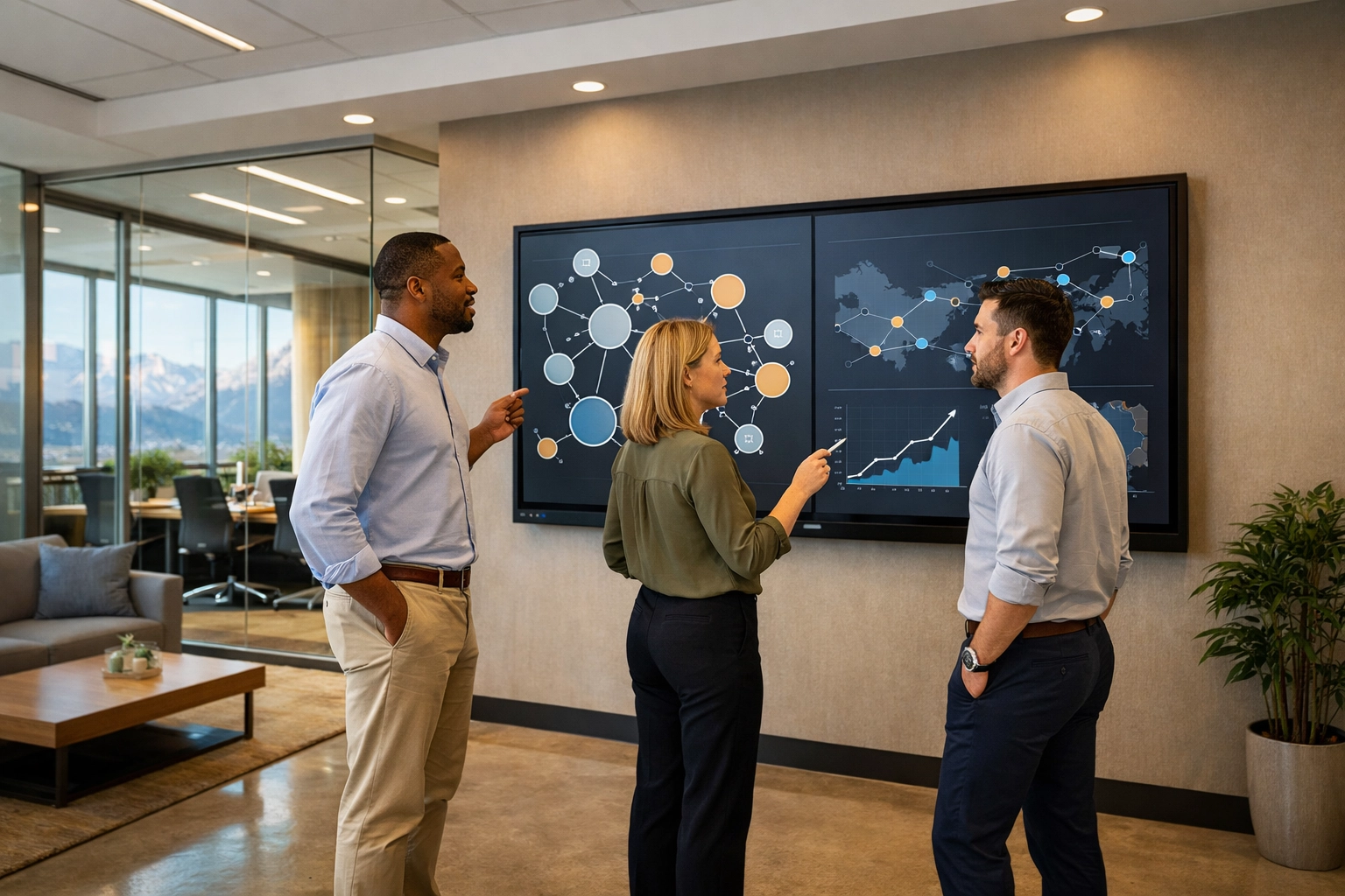 Professionals at Dakdan Worldwide in Colorado collaborating on a digital strategy map for organizational growth.