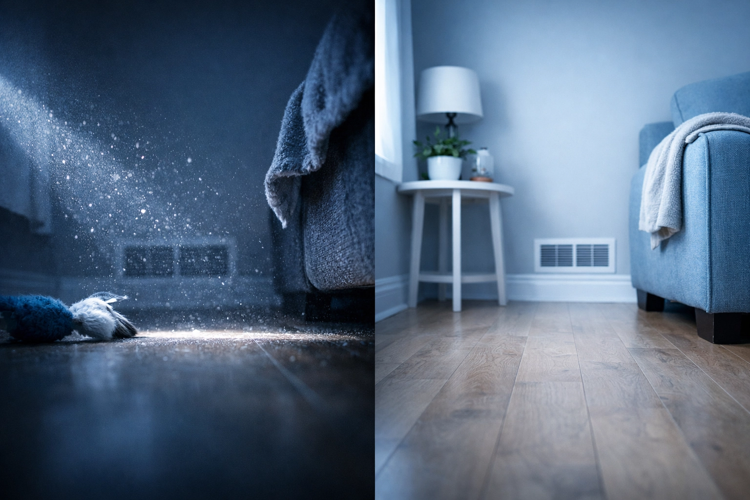 Comparison showing how pets at floor level are exposed to hidden mold and dust humans don't see