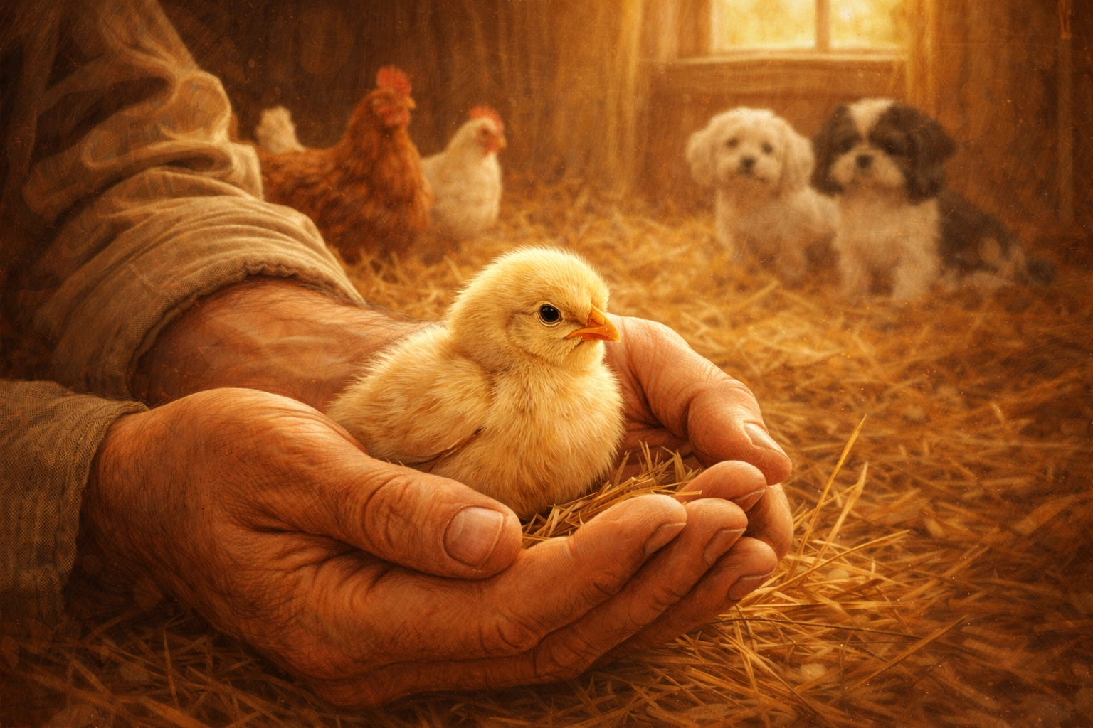 Hands gently cradle a chick in straw as hens rest nearby, simple, tender stewardship at Faithful Flock Farm.
