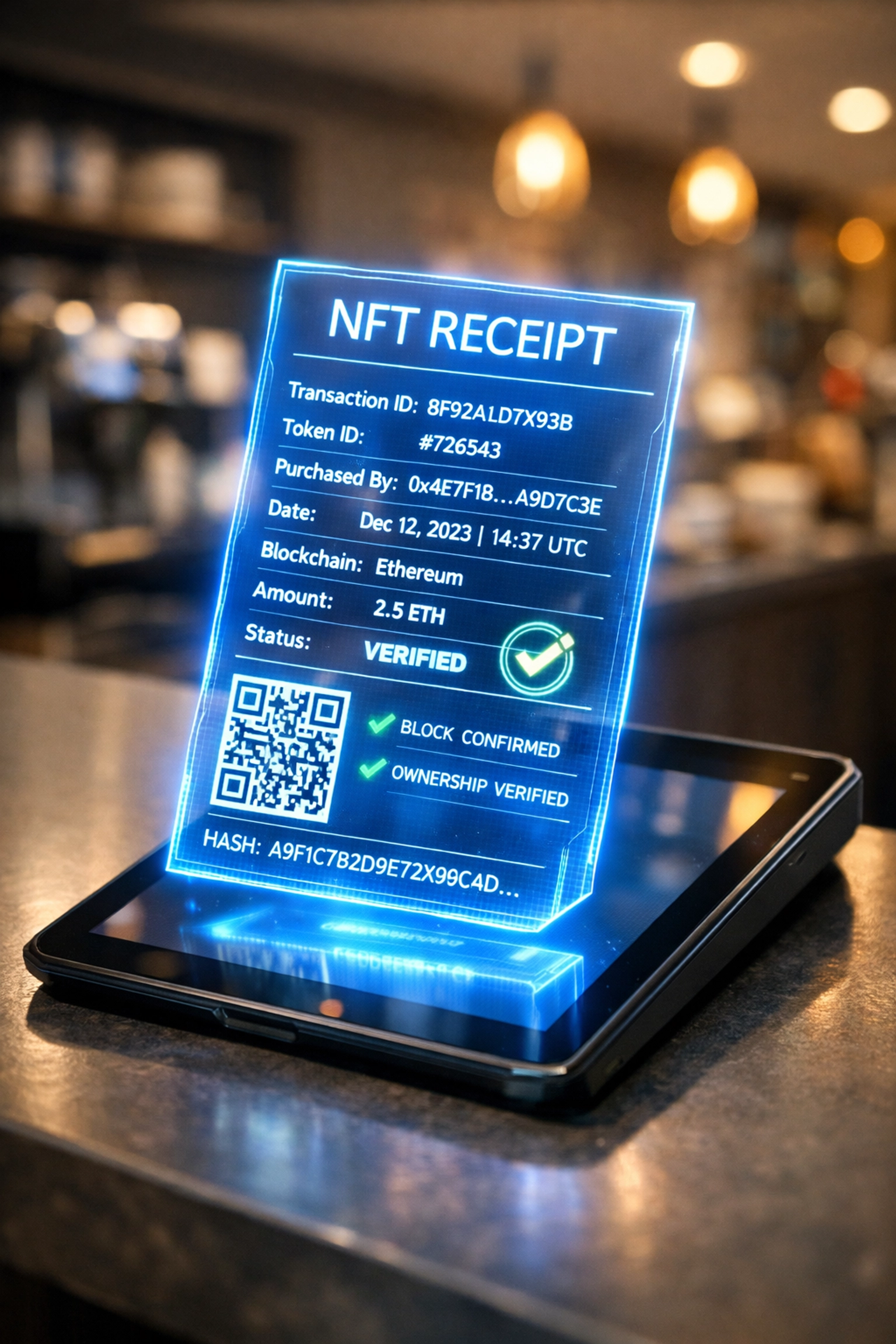 Blockchain NFT receipt showing transaction verification and compliance data for merchant crypto payments