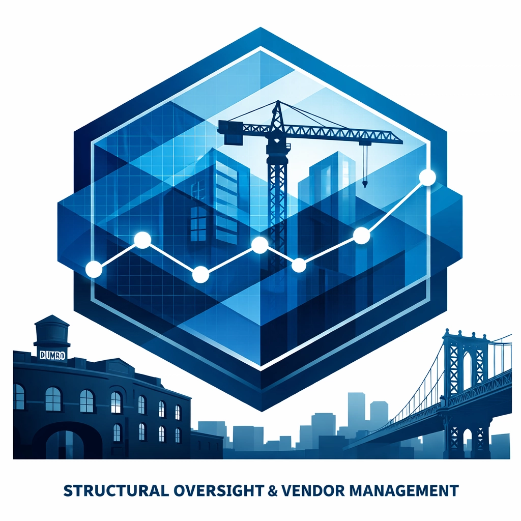 Project timeline icons and a DUMBO warehouse silhouette for professional property management.