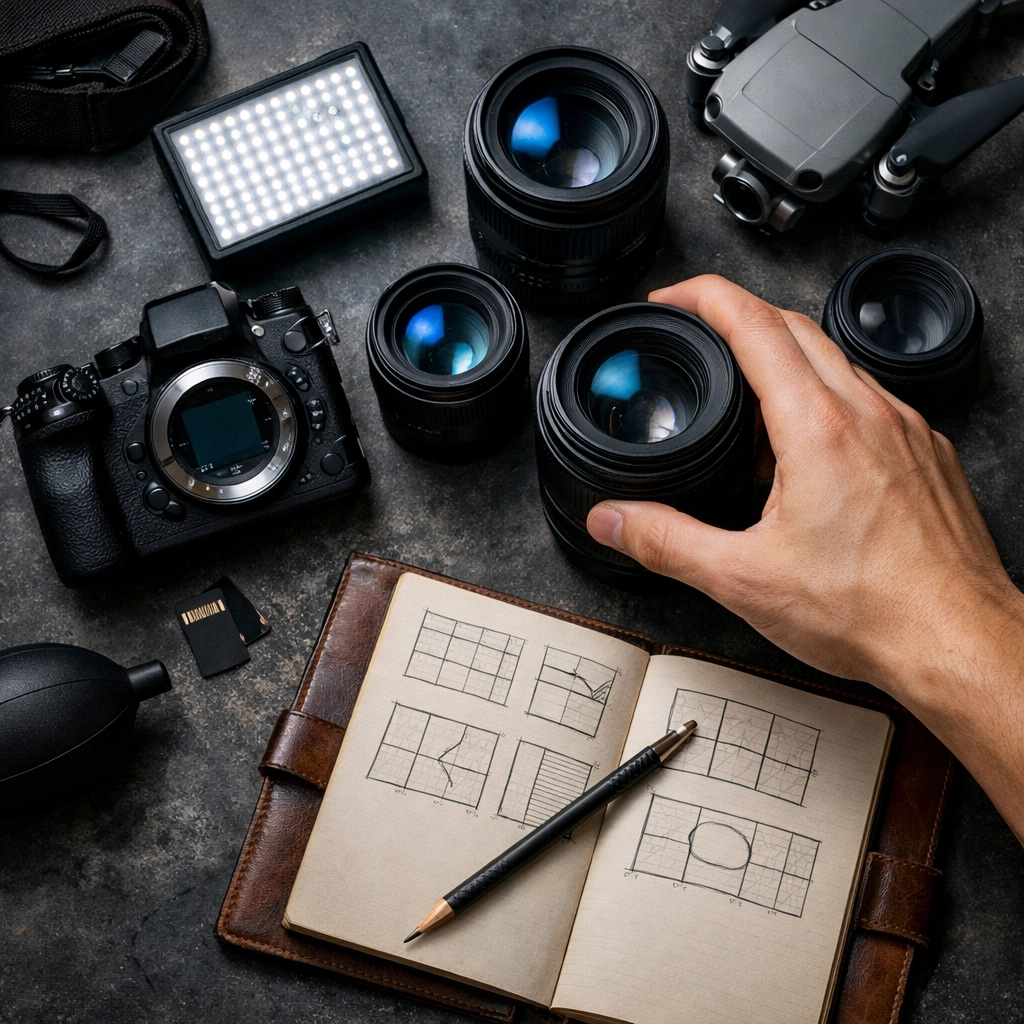 Flat lay of camera gear and lenses representing the professional tools used in our photography tutorials.