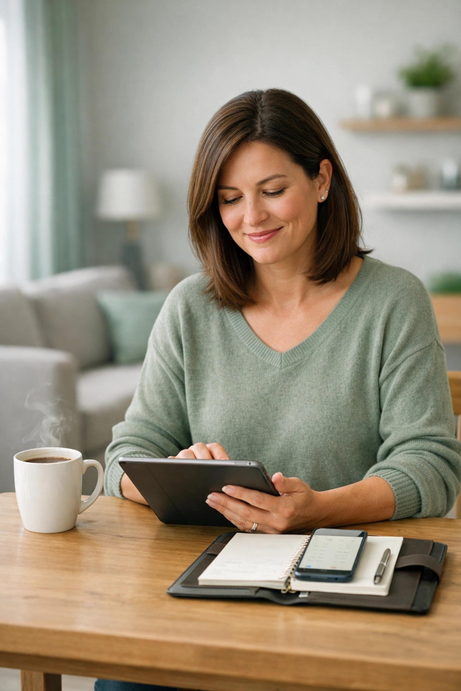 A relieved woman viewing bad credit installment loans on a tablet in a modern home.