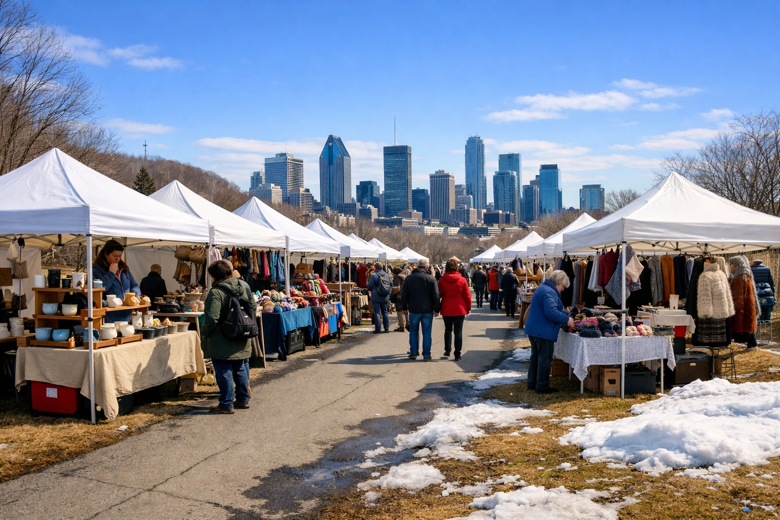 Outdoor artisan market at Mount Royal Park featuring white tents and the Montreal city skyline.