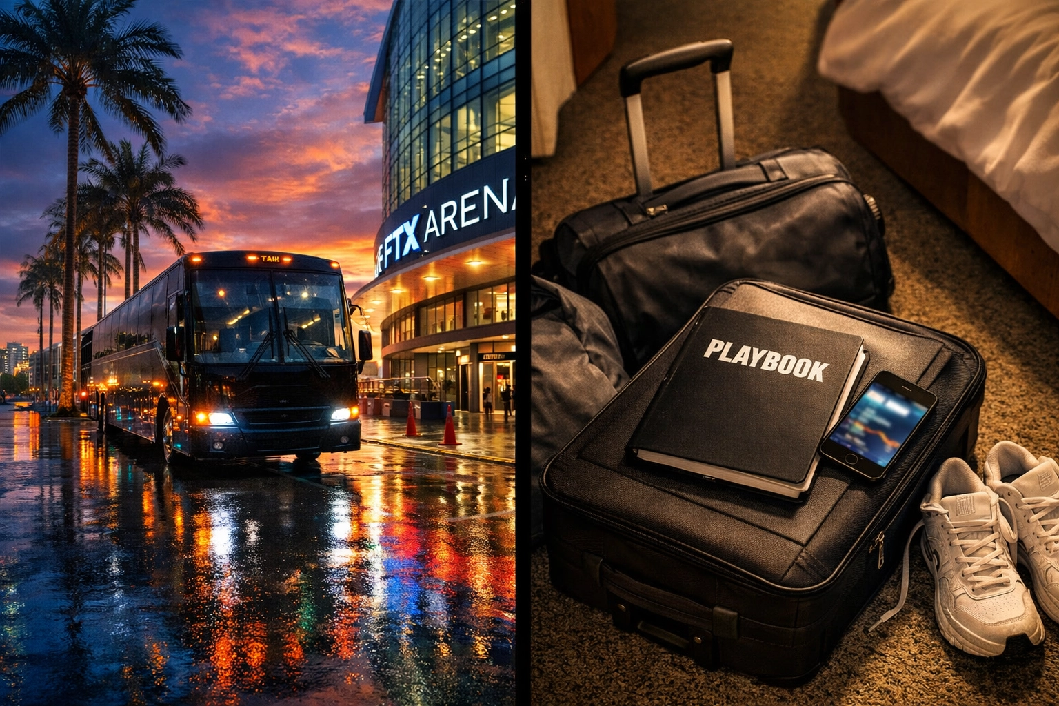 Miami Heat arena and Lakers road team hotel scene showing NBA situational analytics.