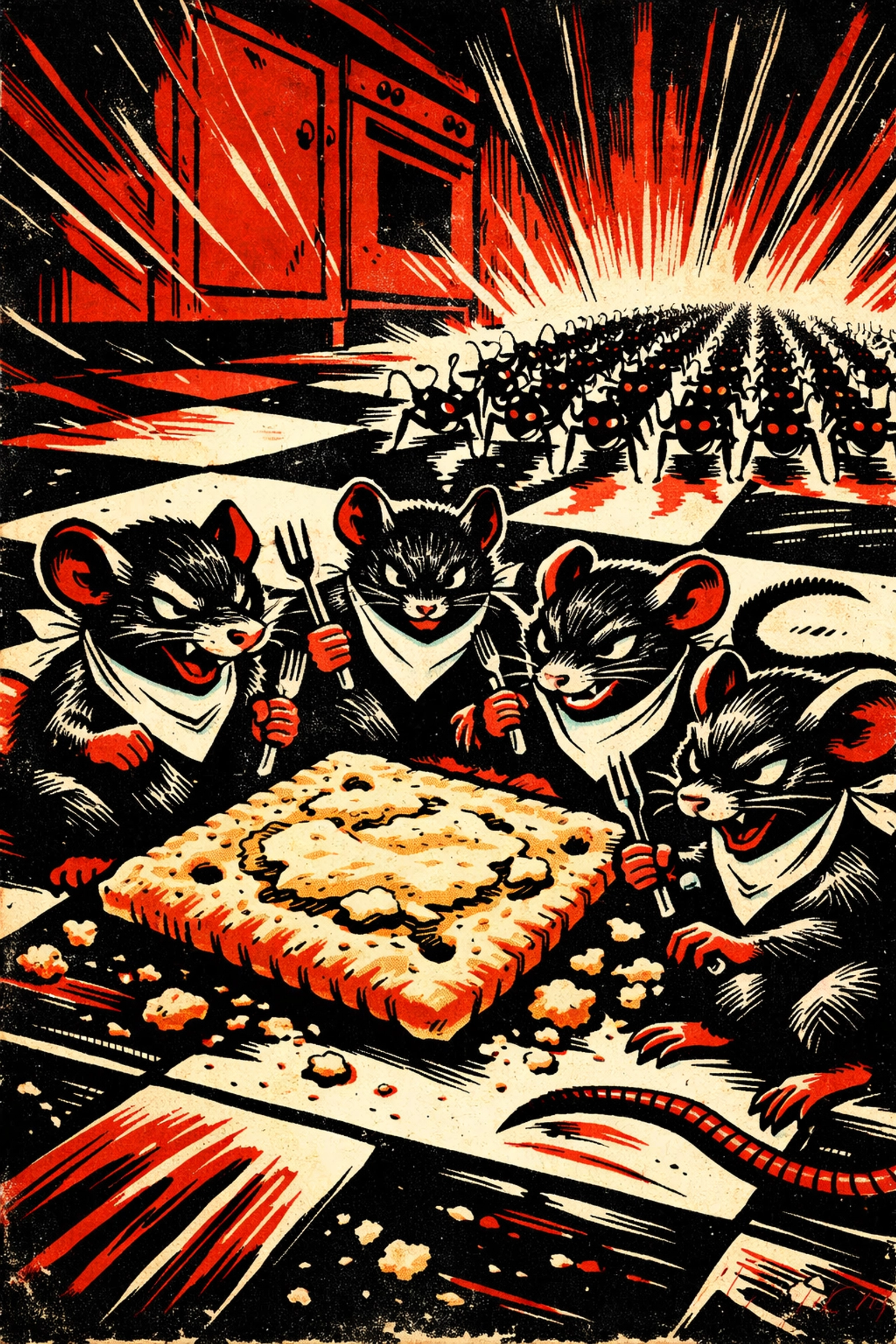 Retro comic of mice and ants invading a kitchen, highlighting rodent control in Jasper, AL.