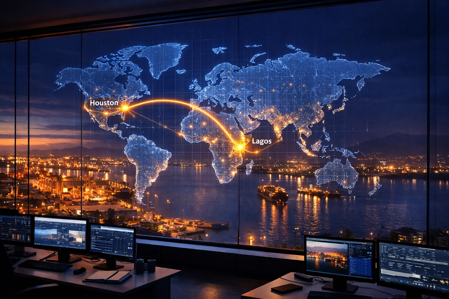 Logistics command center tracking international cargo shipments across global trade routes.