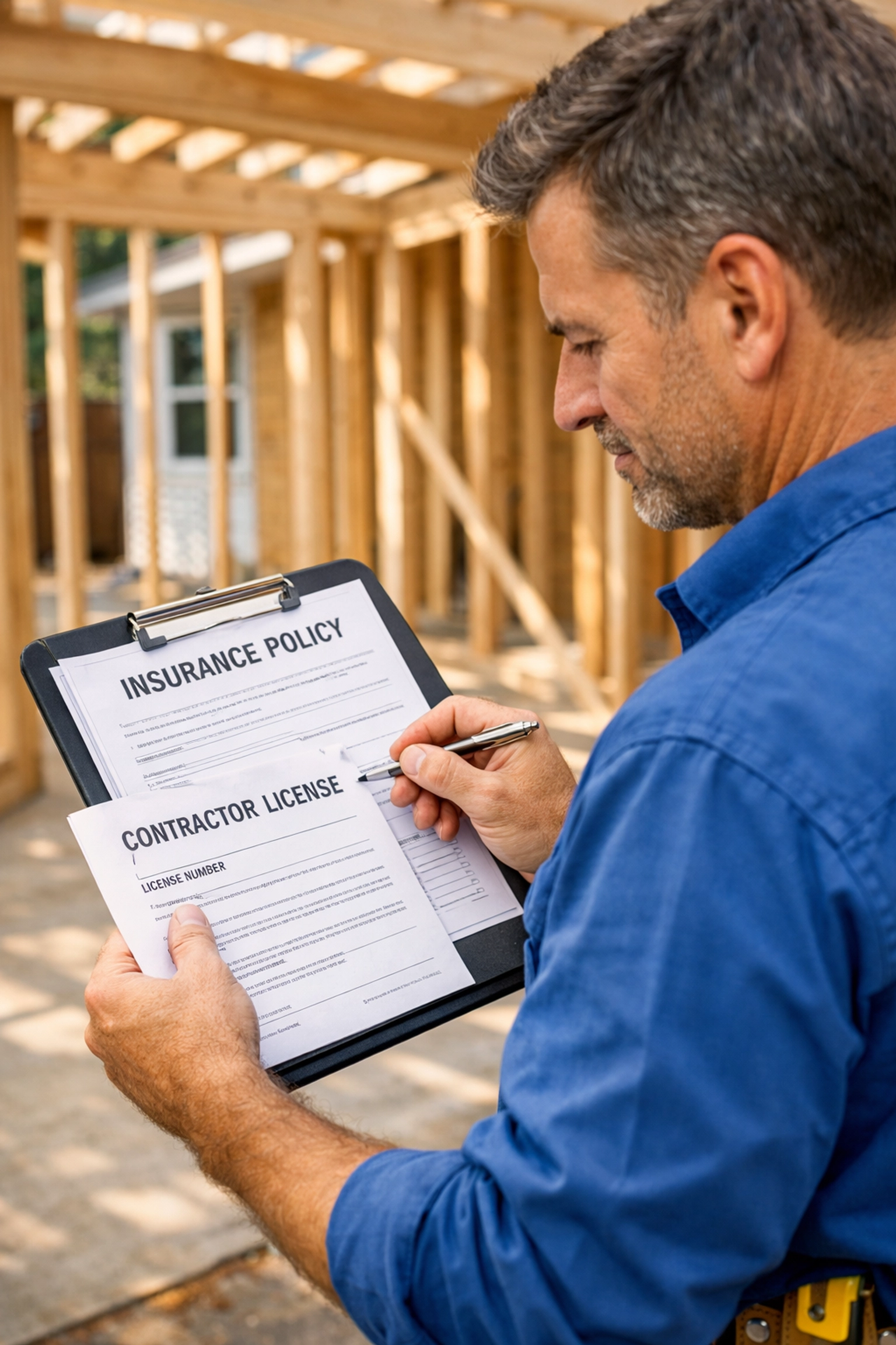 Licensed contractor reviewing insurance documents at room addition construction site in Berks County