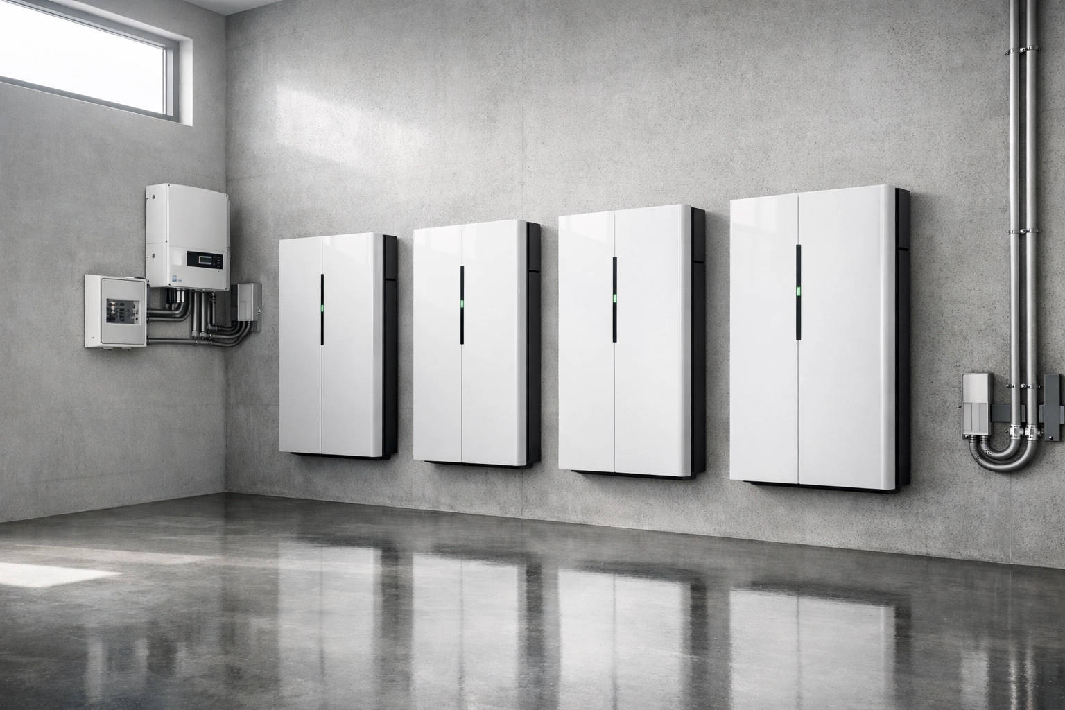 Commercial battery storage units in a high-tech facility to optimize solar power ROI and peak energy shaving.