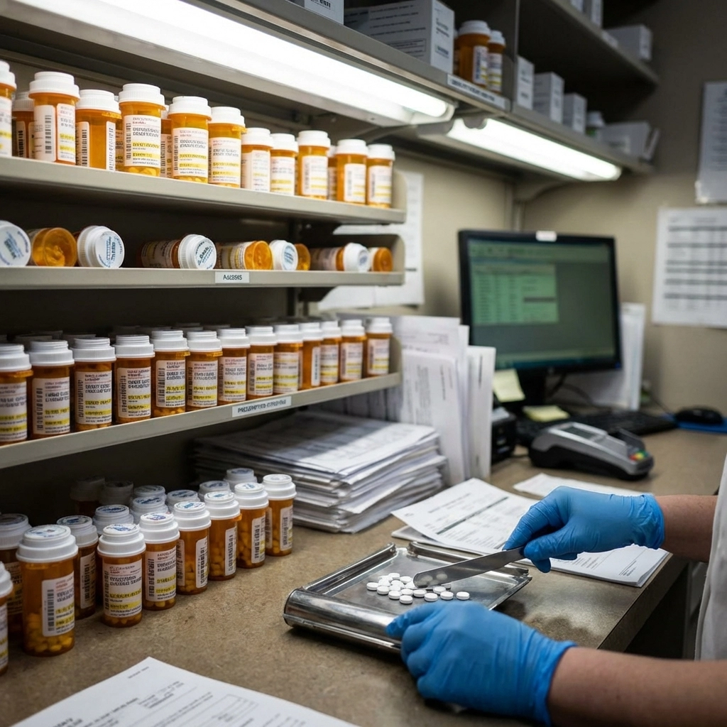 Pharmacist counting opioid pills behind a pharmacy counter, highlighting pharmacy role in pill mill prescriptions