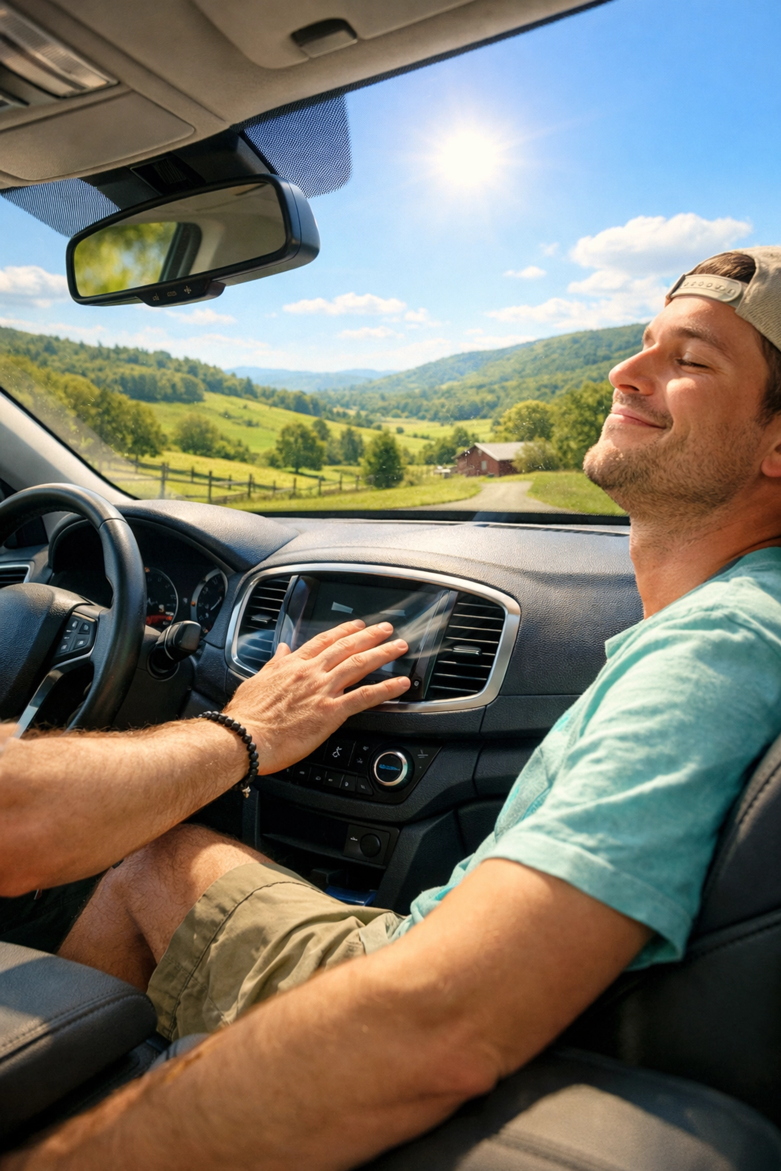 Driver enjoying cold air from the vent after expert car AC repair at our Clarkrange TN shop.