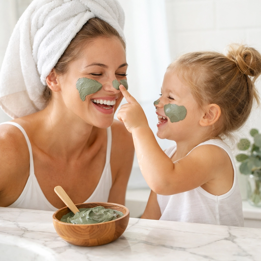 Mother and child with green clay in a modern bathroom, emphasizing safe and natural family-friendly personal care.