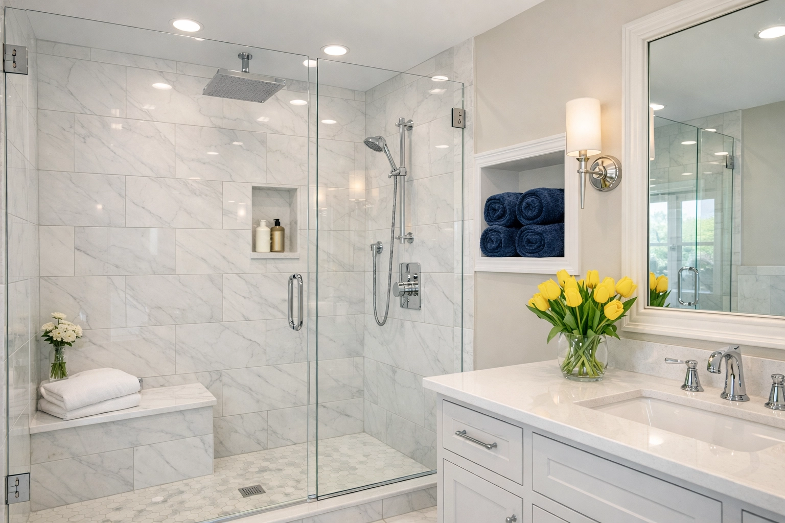 Deep cleaning in Boxborough featuring a sanitized luxury bathroom with sparkling glass and pristine marble tiles.