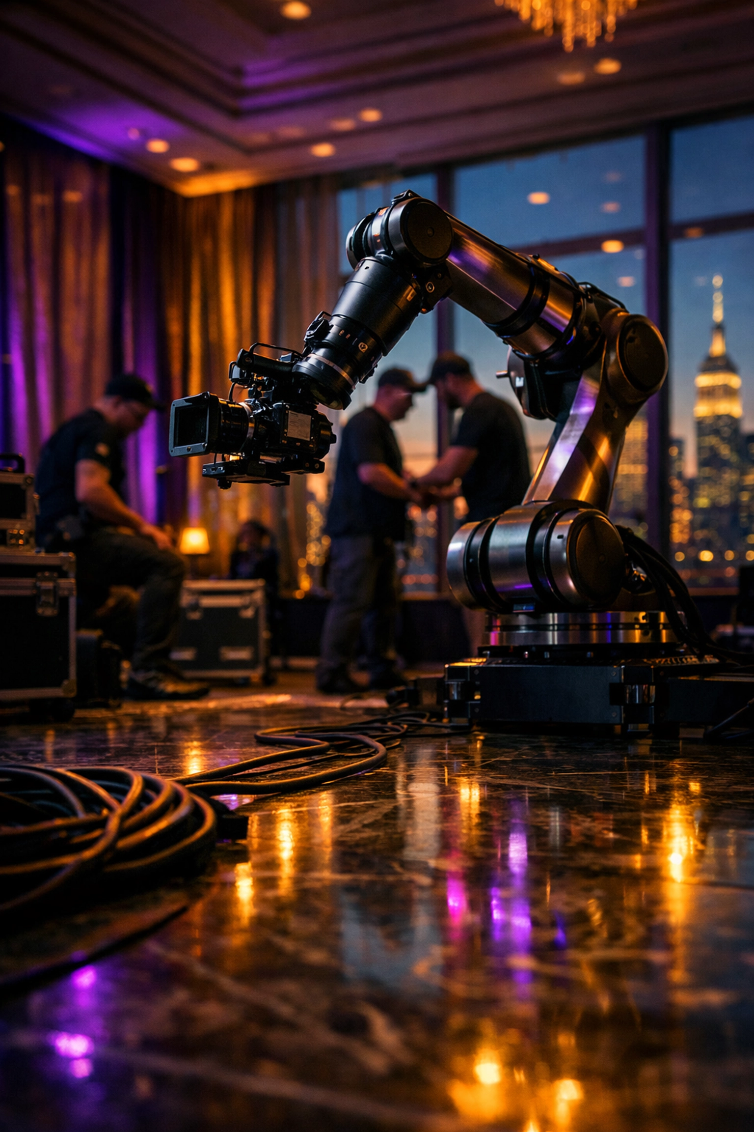 Professional crew installing robotic camera system at Manhattan hotel ballroom for NYC event