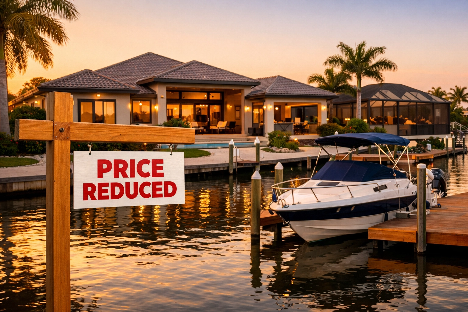 Cape Coral waterfront home with price reduced sign reflecting 2026 market conditions