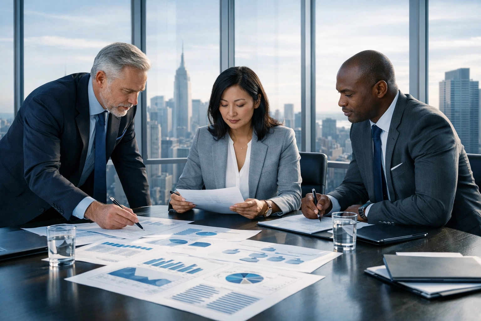 Management team reviewing financial documents for business exit preparation