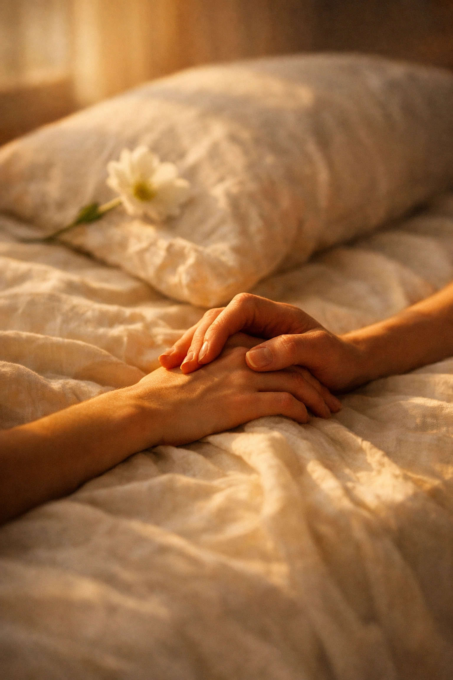 Close-up of hands touching on soft sheets, promoting intimacy and sexual wellness for couples in India.