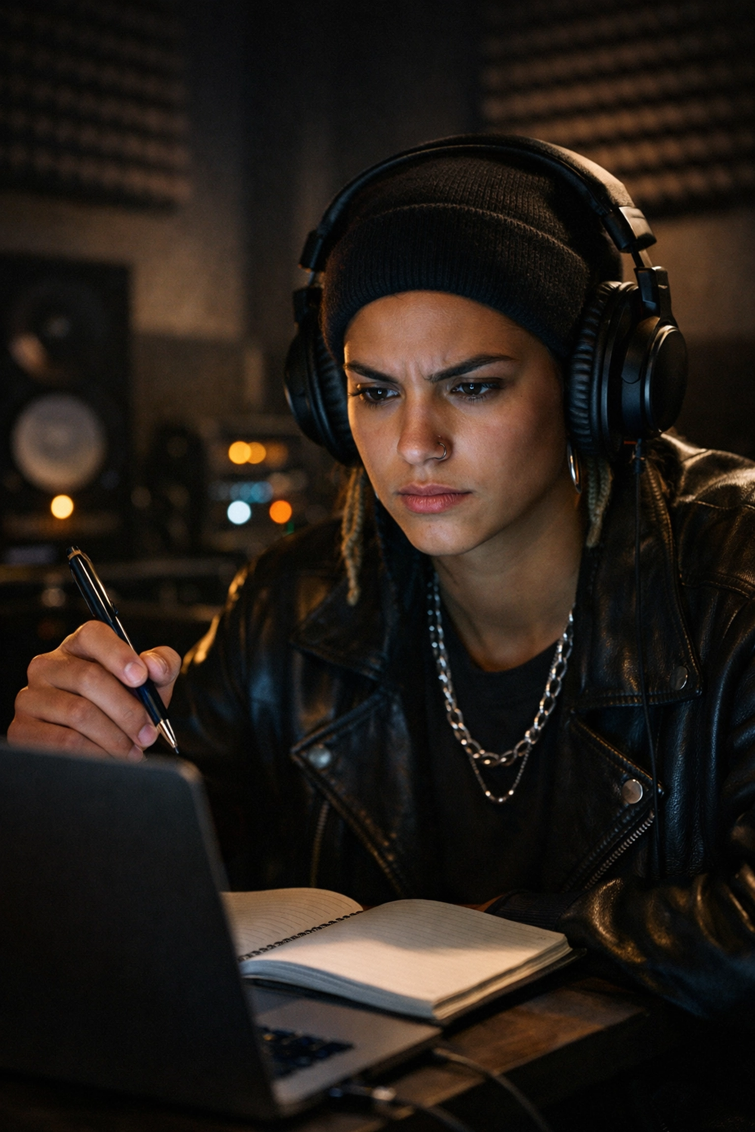 Aspiring artist taking an online music industry masterclass in a professional recording studio.