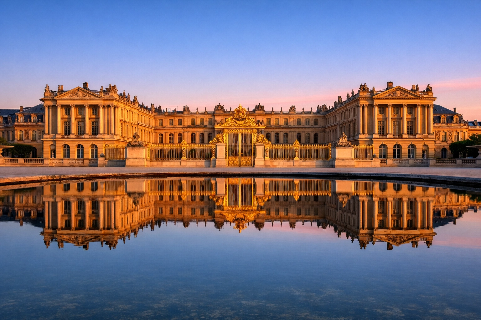 Palace of Versailles facade at sunrise reflected in the Water Parterre.