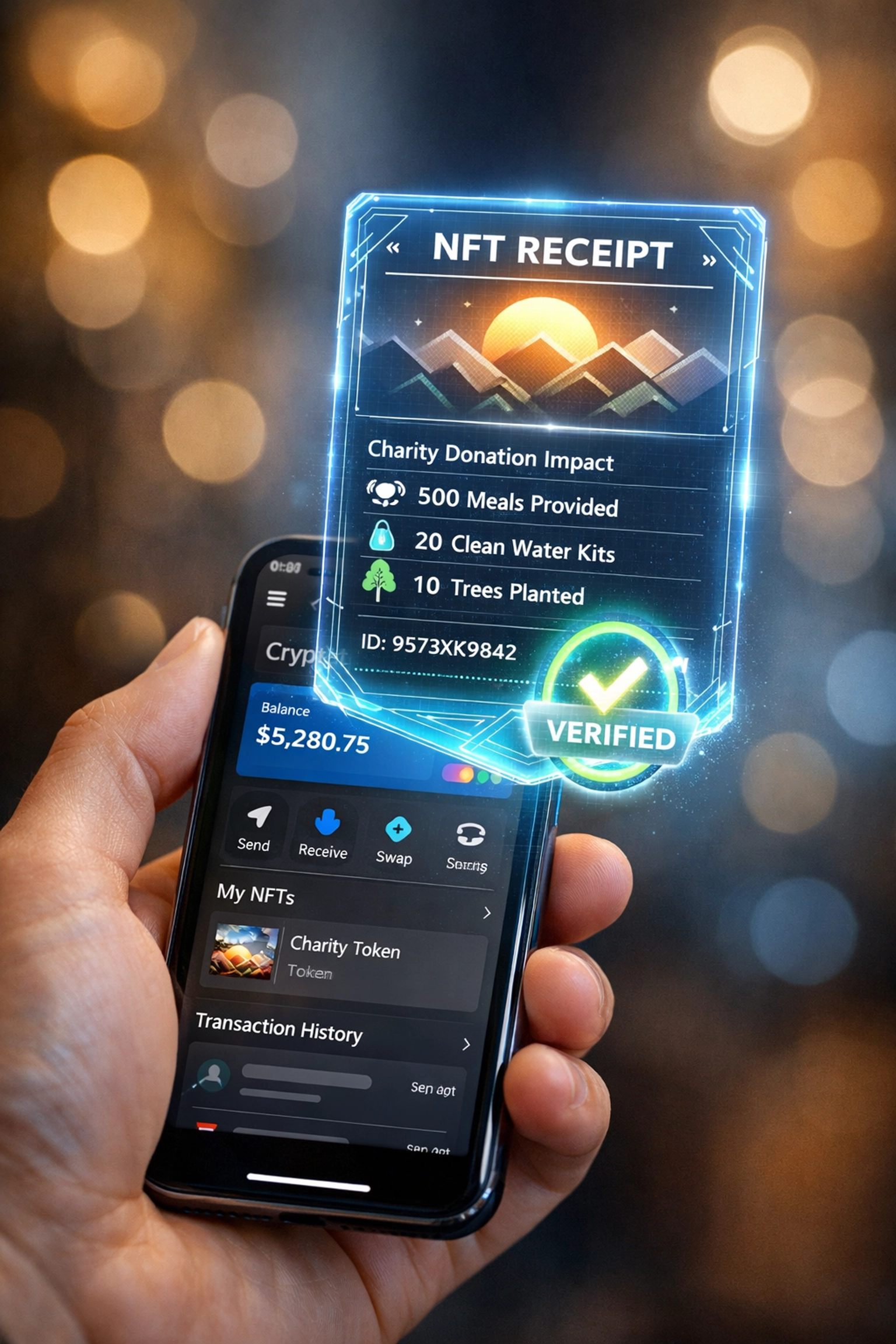Mobile crypto wallet displaying NFT receipt with verified charity donation impact metrics