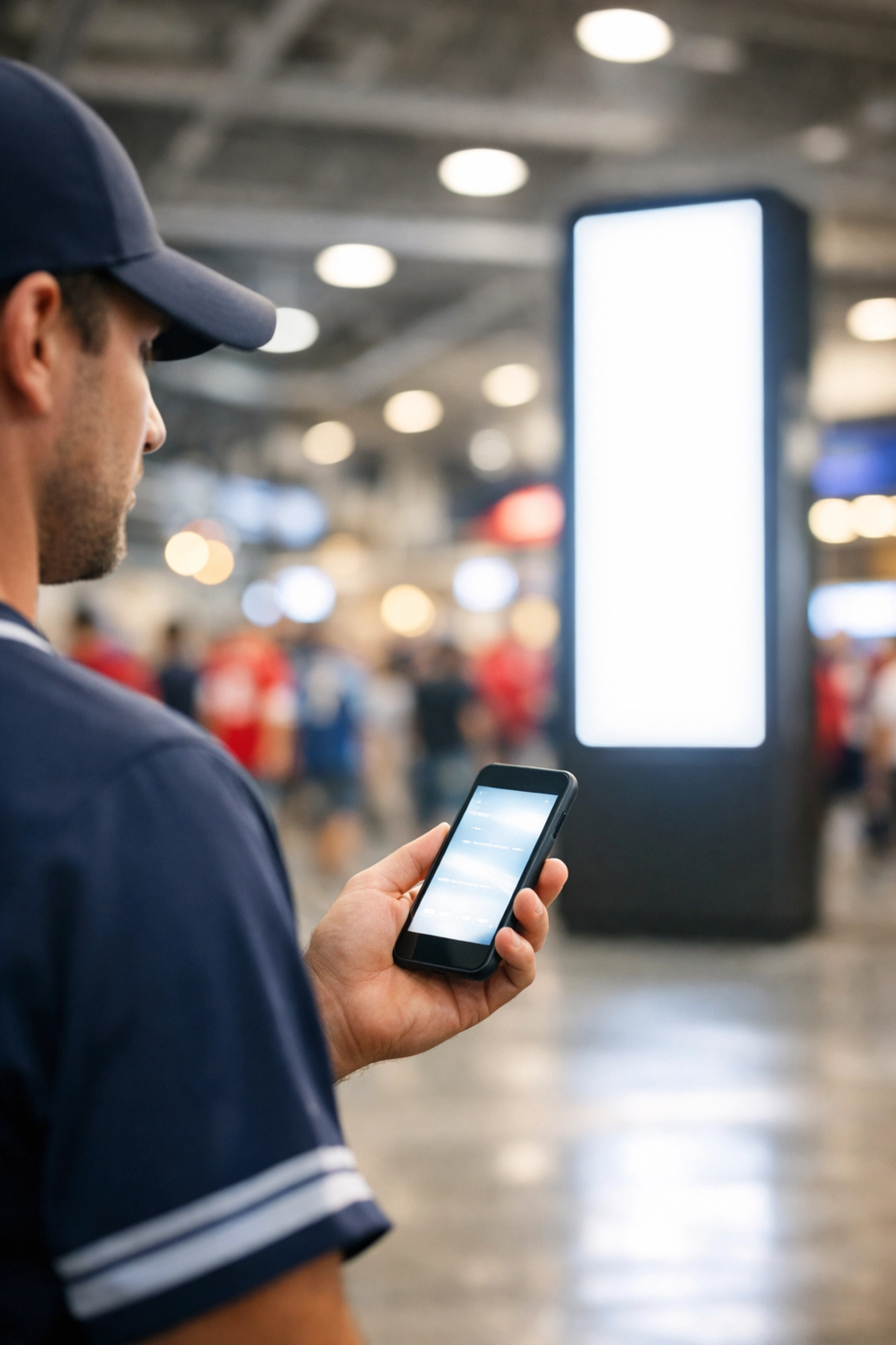 Sports fan with a smartphone near a digital advertising display in a modern stadium concourse.