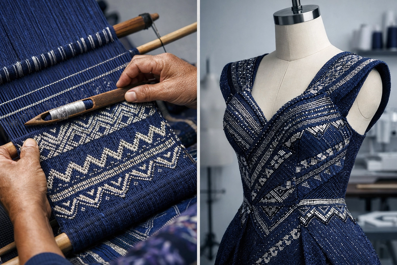Traditional Latin American textile weaving transformed into haute couture garment detail