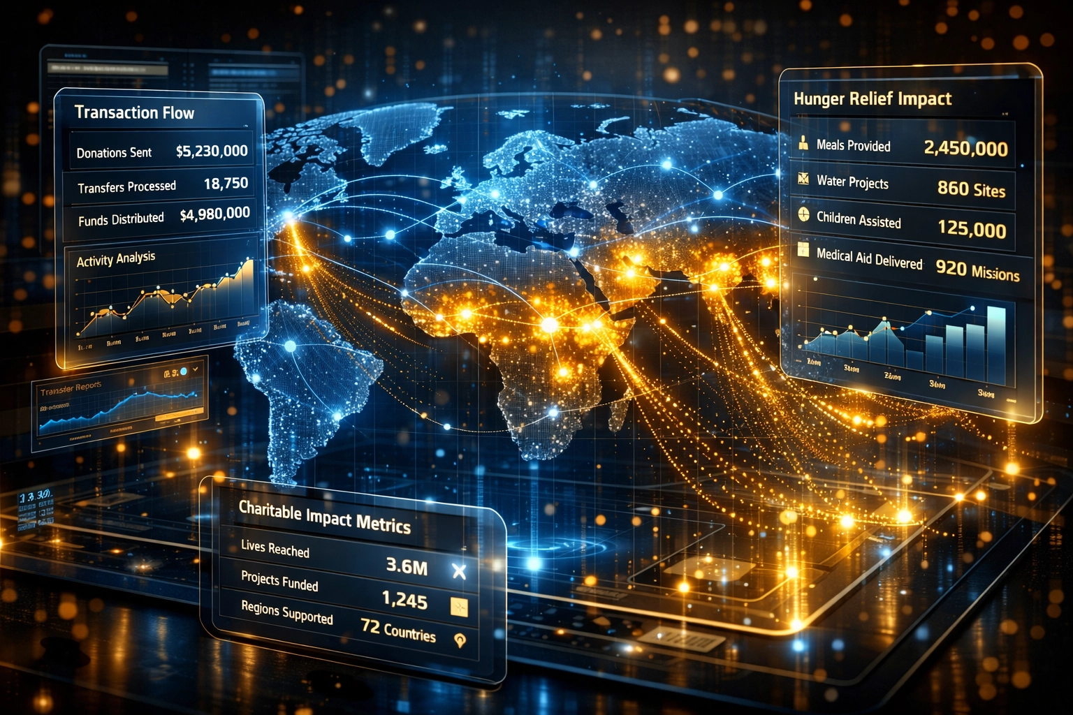 Larecoin global transaction network showing blockchain-tracked charitable impact routing to hunger relief zones