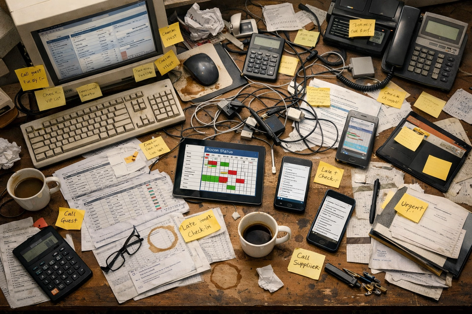 Cluttered hotel office desk with multiple disconnected systems and software platforms