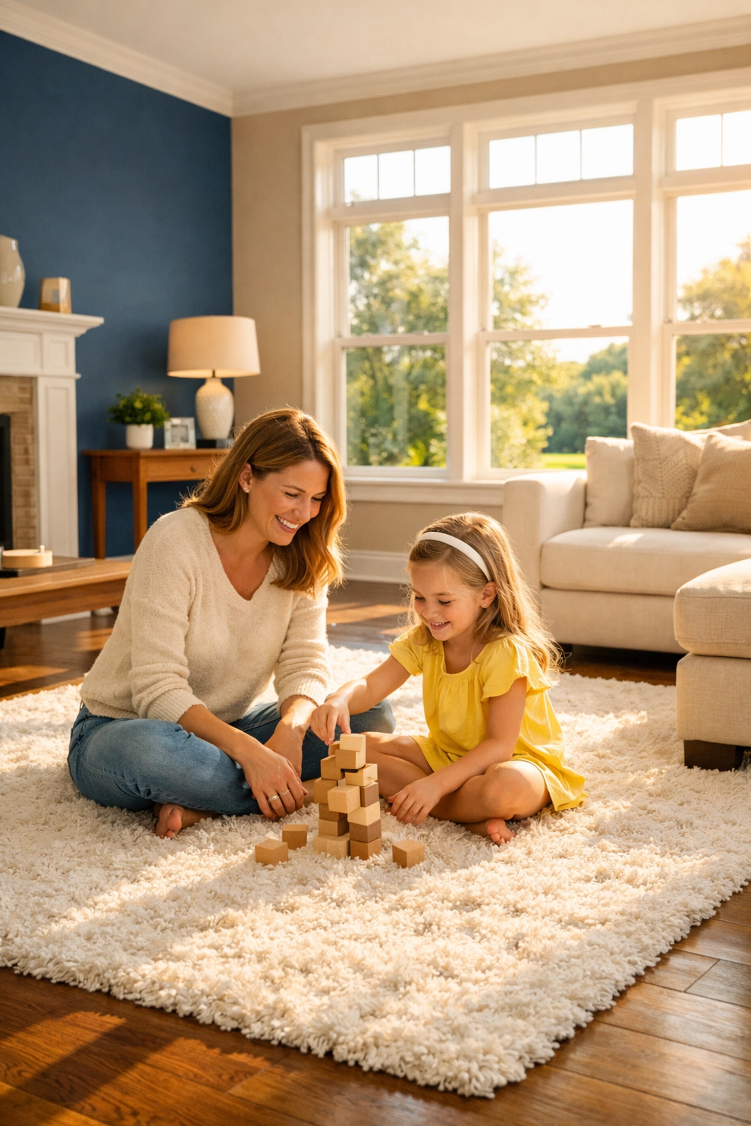 A happy family playing in a clean Southborough home after a professional bi-weekly house cleaning session.