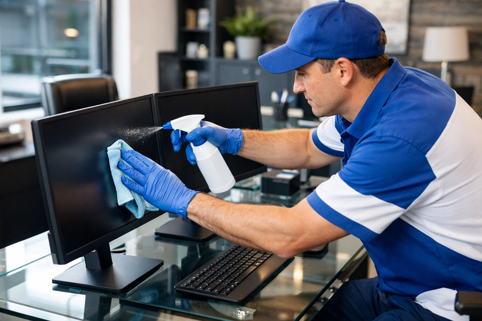 Professional cleaning expert sanitizing a dual-monitor office workspace for high-end office cleaning Maynard.