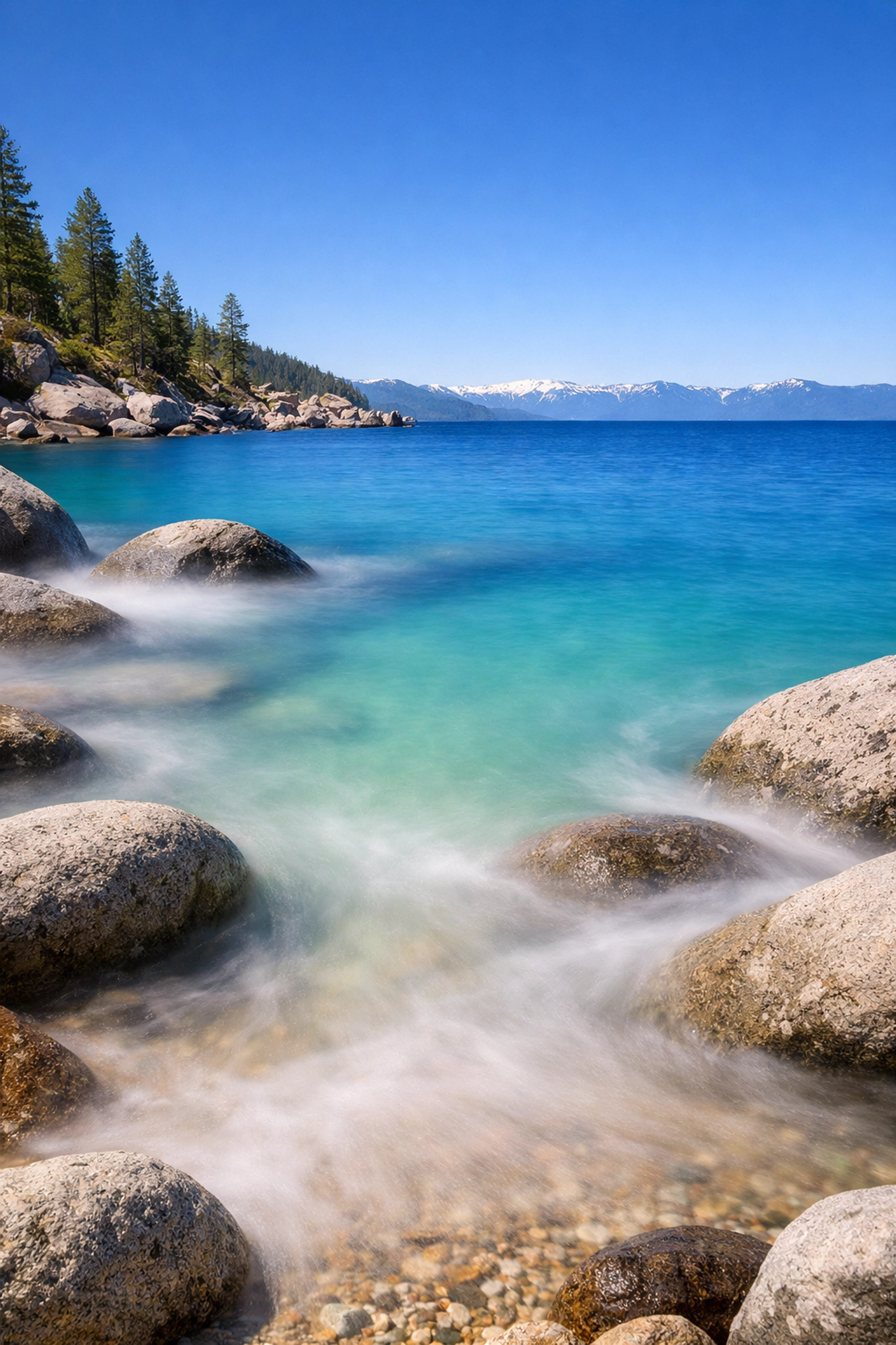 Long exposure of the emerald water and rocks at Secret Cove, a hidden gem for Lake Tahoe photography.