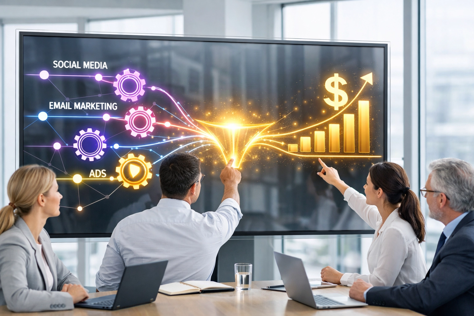 Marketing team collaborating on data to track ROI and conversions across SEO and paid ads.