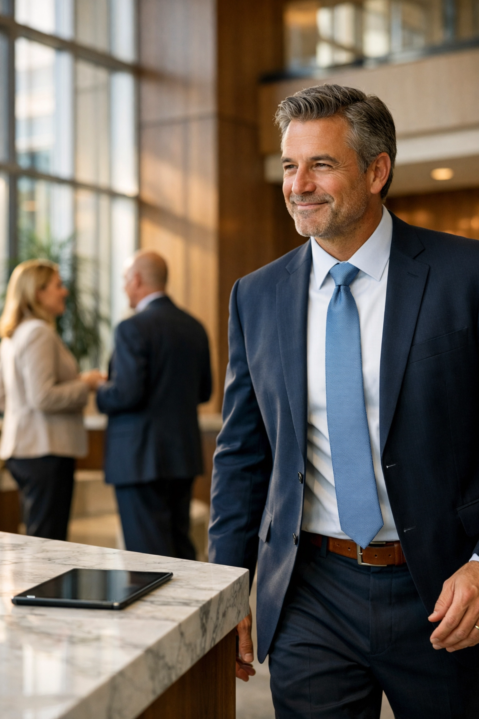 A hospitality leader leaving their desk to connect personally with a team member and guest in a modern lobby.