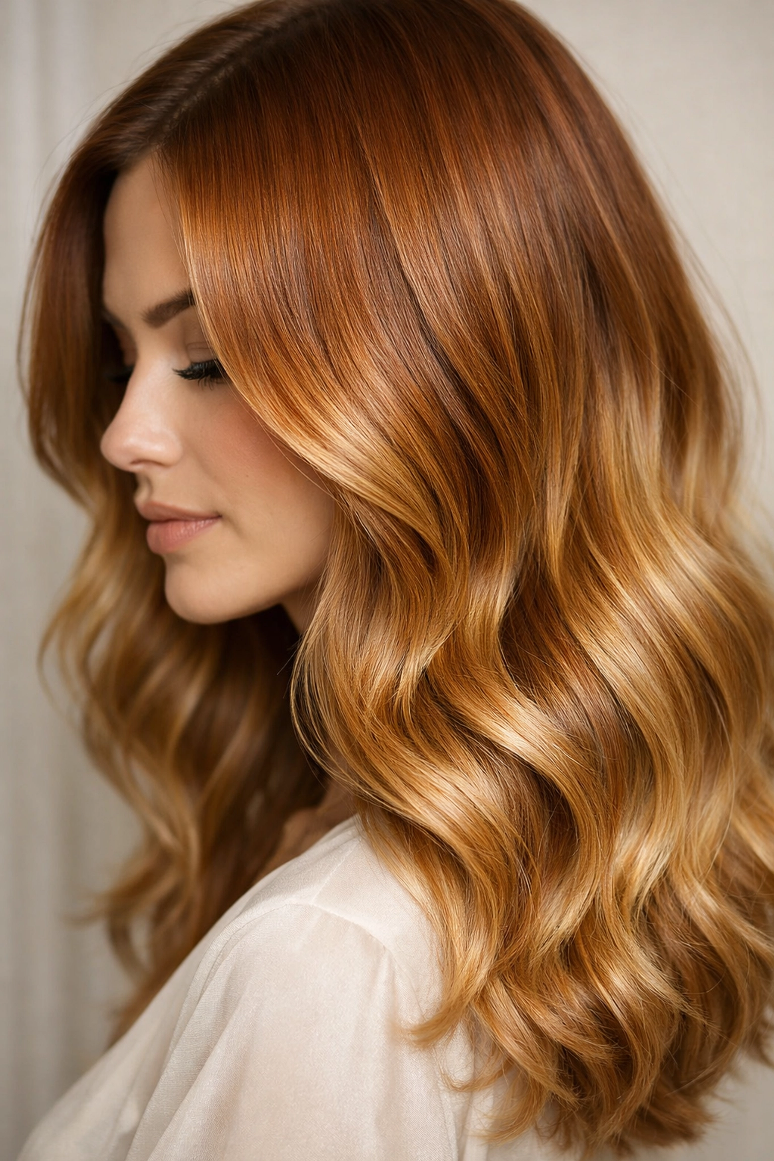Vibrant copper hair color melt transformation featuring soft gold highlights and luxurious waves.