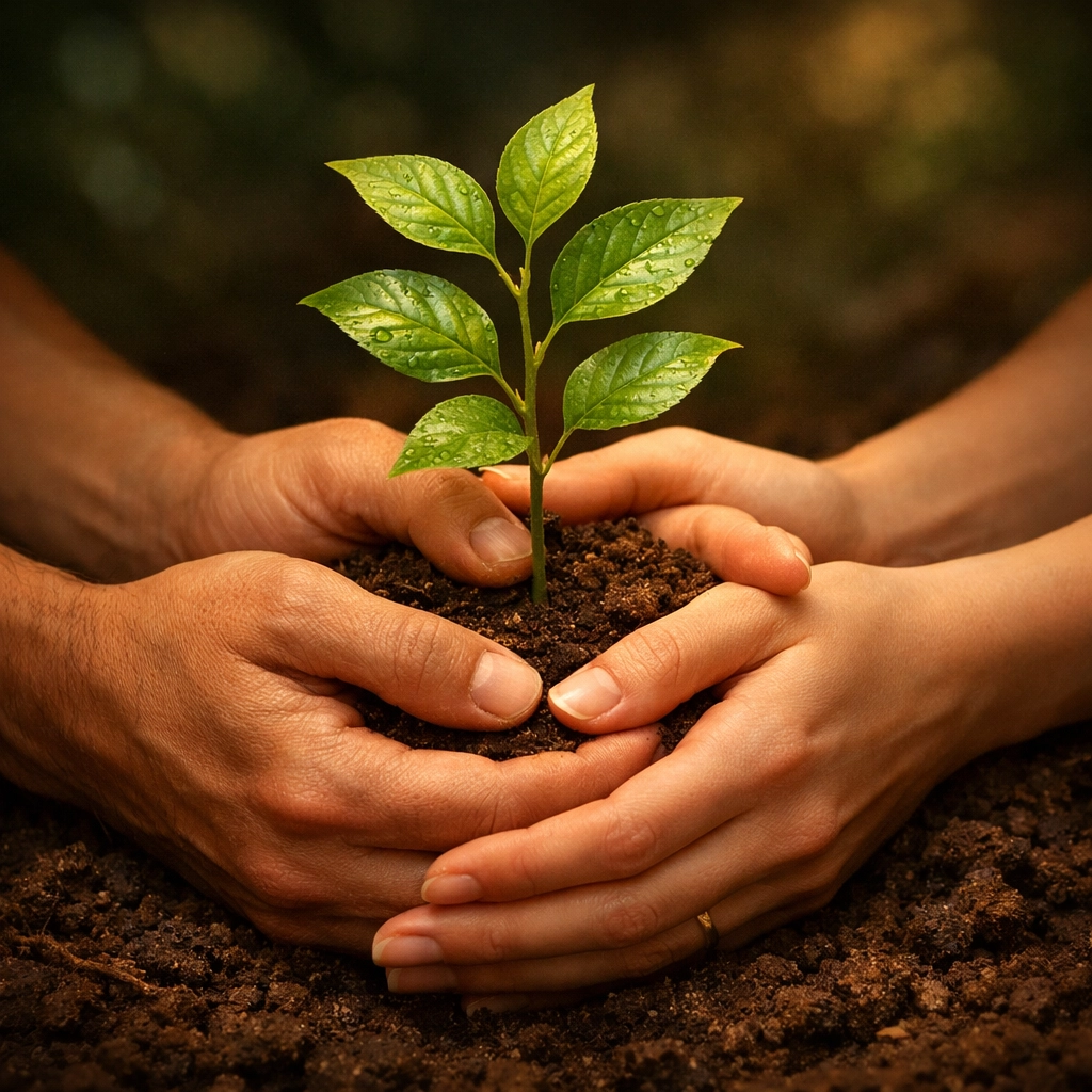 Hands nurturing a small sapling in dark soil representing growth and healing in relationships.