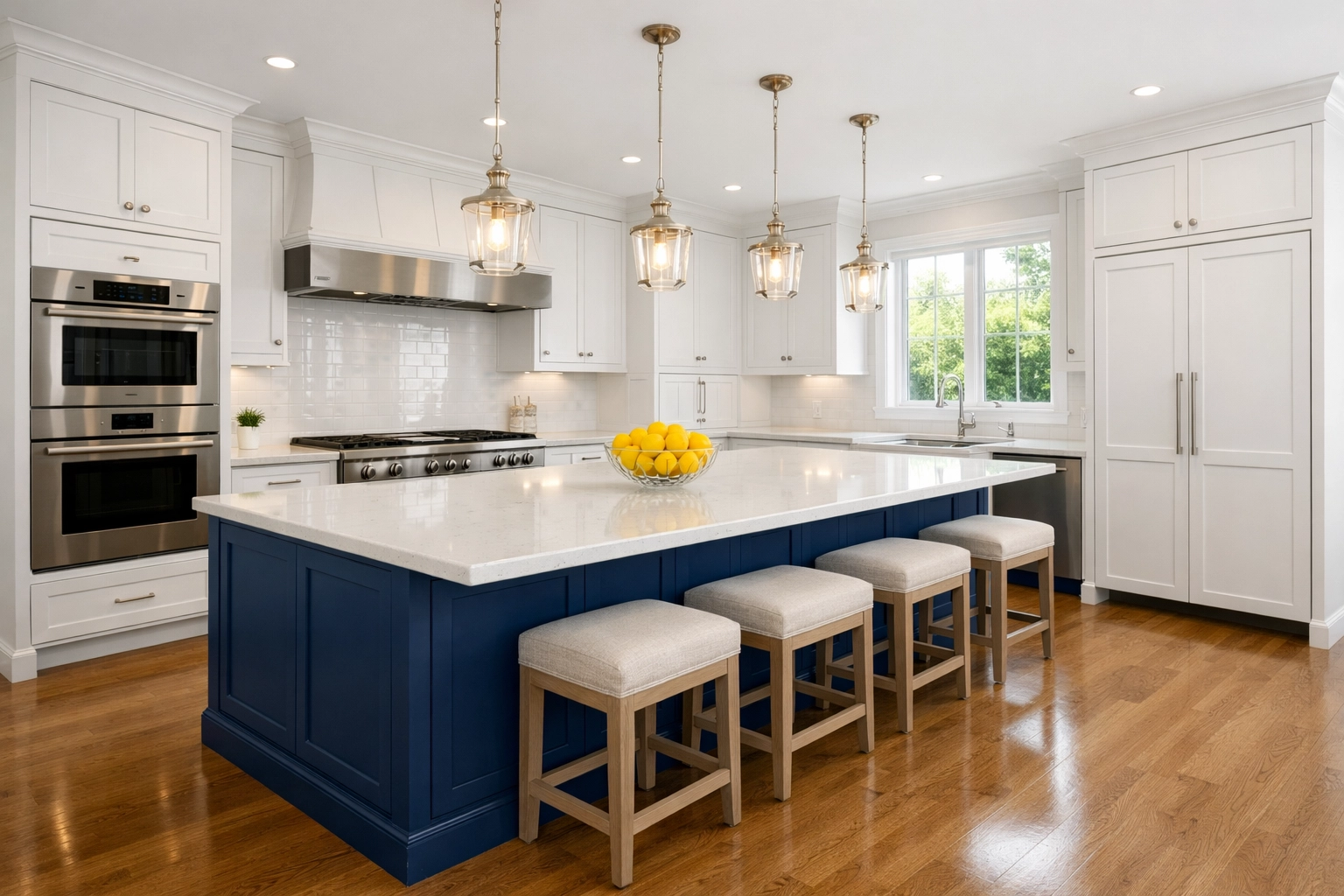 A spotless high-end kitchen in Yarmouth Port with gleaming floors and a clean navy blue island.