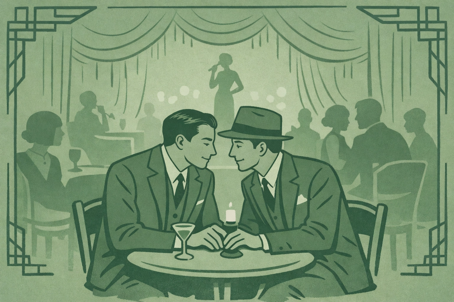 Gay couple at Berlin cabaret nightclub in 1920s, depicting Eldorado-era queer nightlife in Schöneberg
