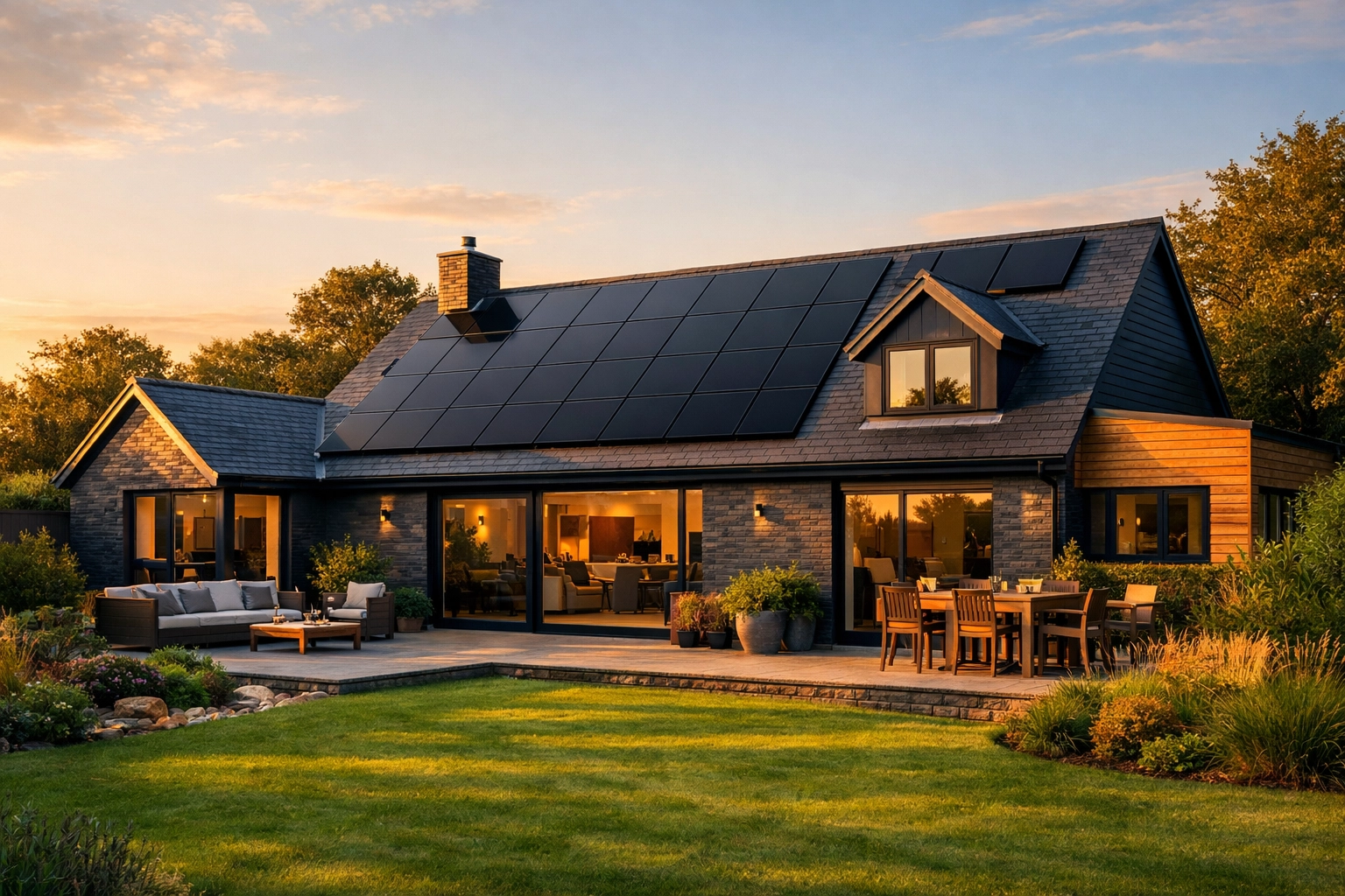 Sleek all-black solar panels on a modern UK home for sustainable energy and lower bills.