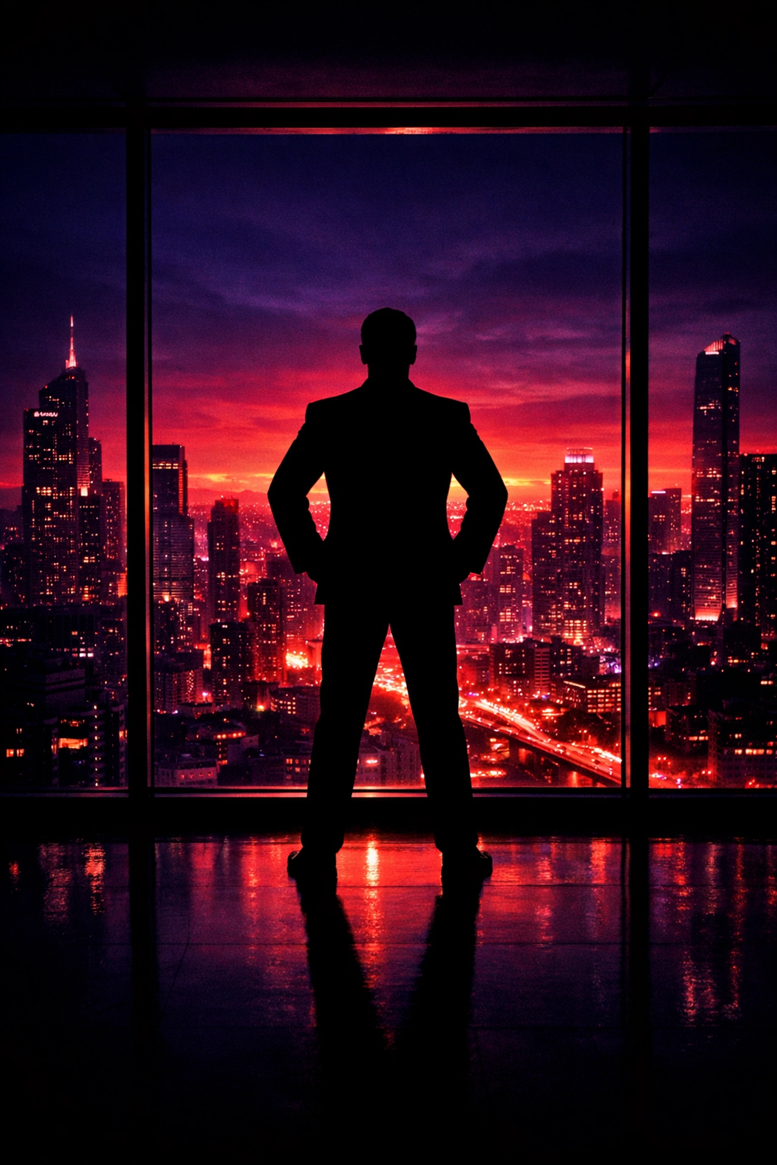 Silhouette of a man overlooking a city sunset, representing financial freedom and global perspective.