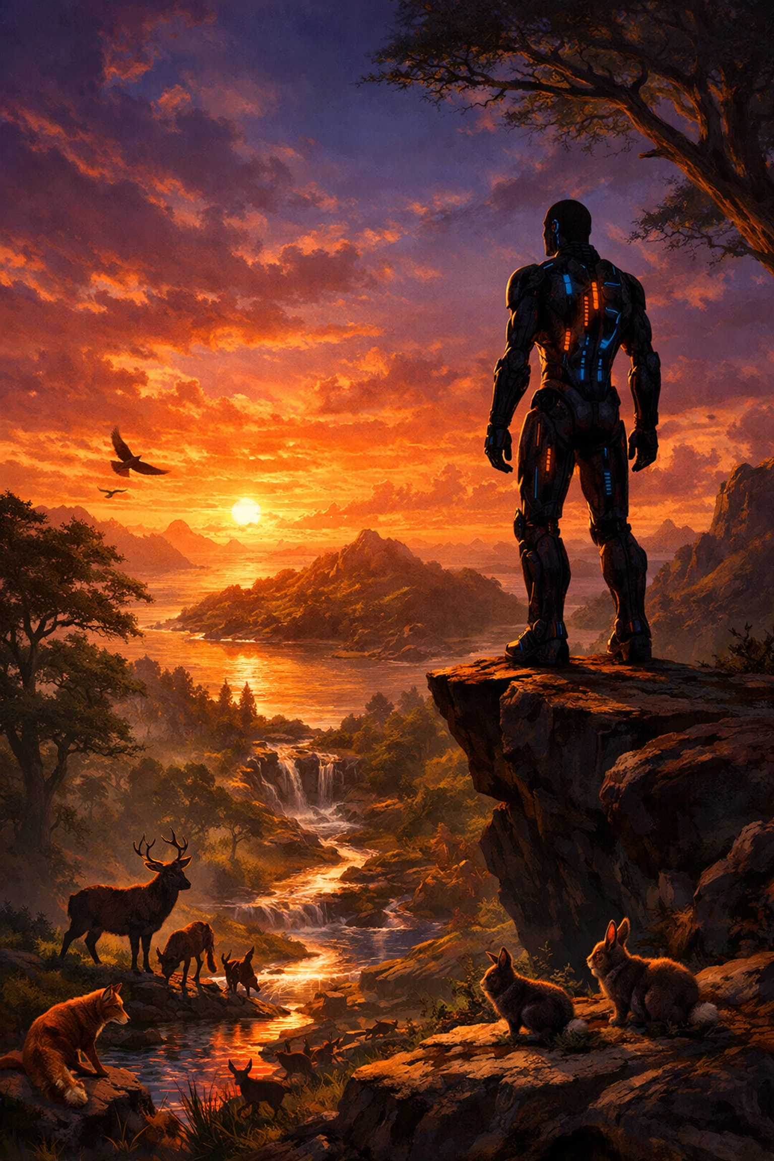 Roz overlooks island wildlife at sunset symbolizing redemption in The Wild Robot animated film