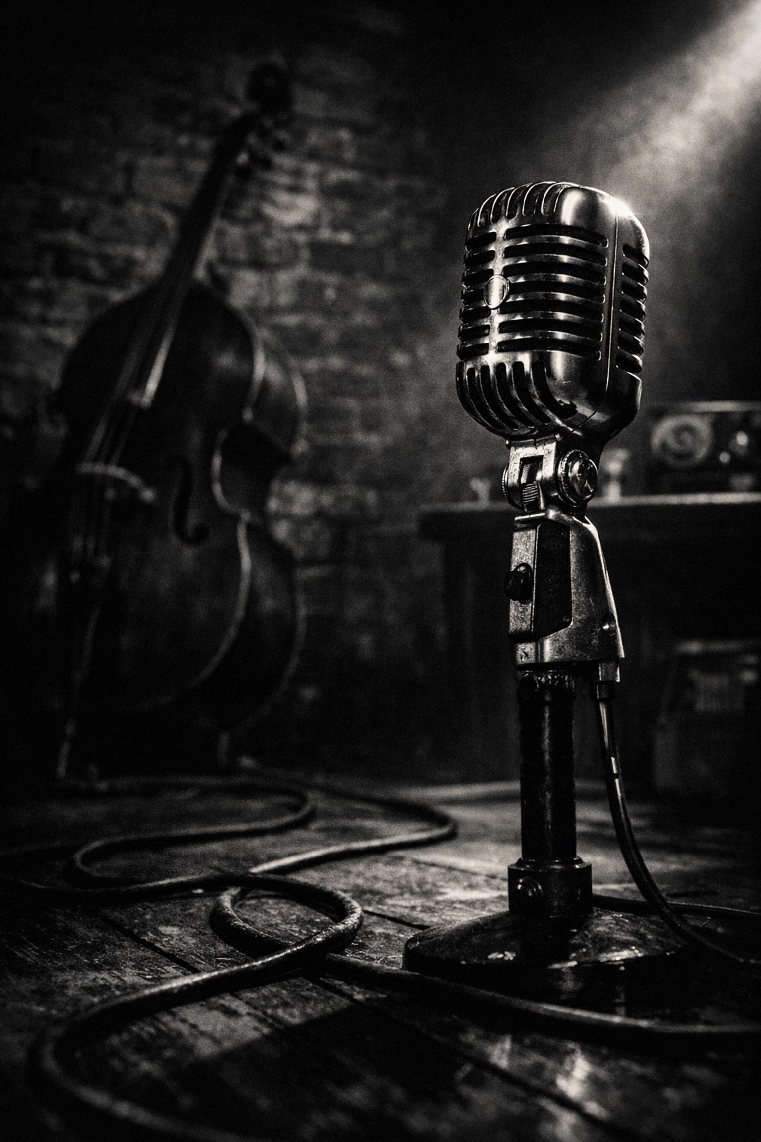 Vintage 1950s microphone and upright bass in a dark studio, capturing the gritty atmosphere of the early Sun Records years.
