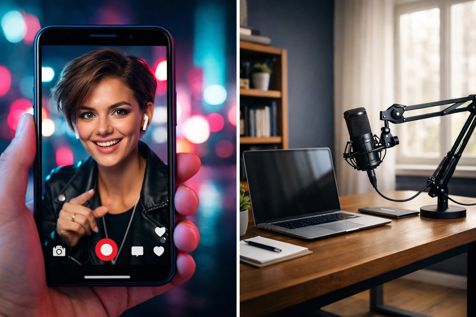 Comparison of a vibrant TikTok video resume setup and a professional LinkedIn home office recording space.