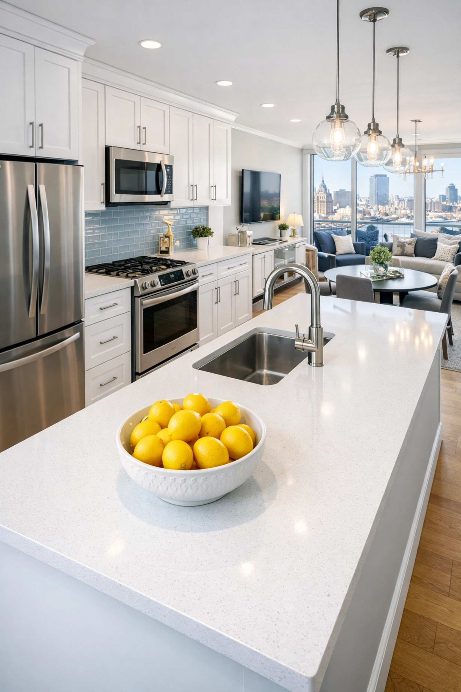 Spotless modern kitchen and living area ready for a move-out inspection and apartment cleaning in Boston walkthrough.