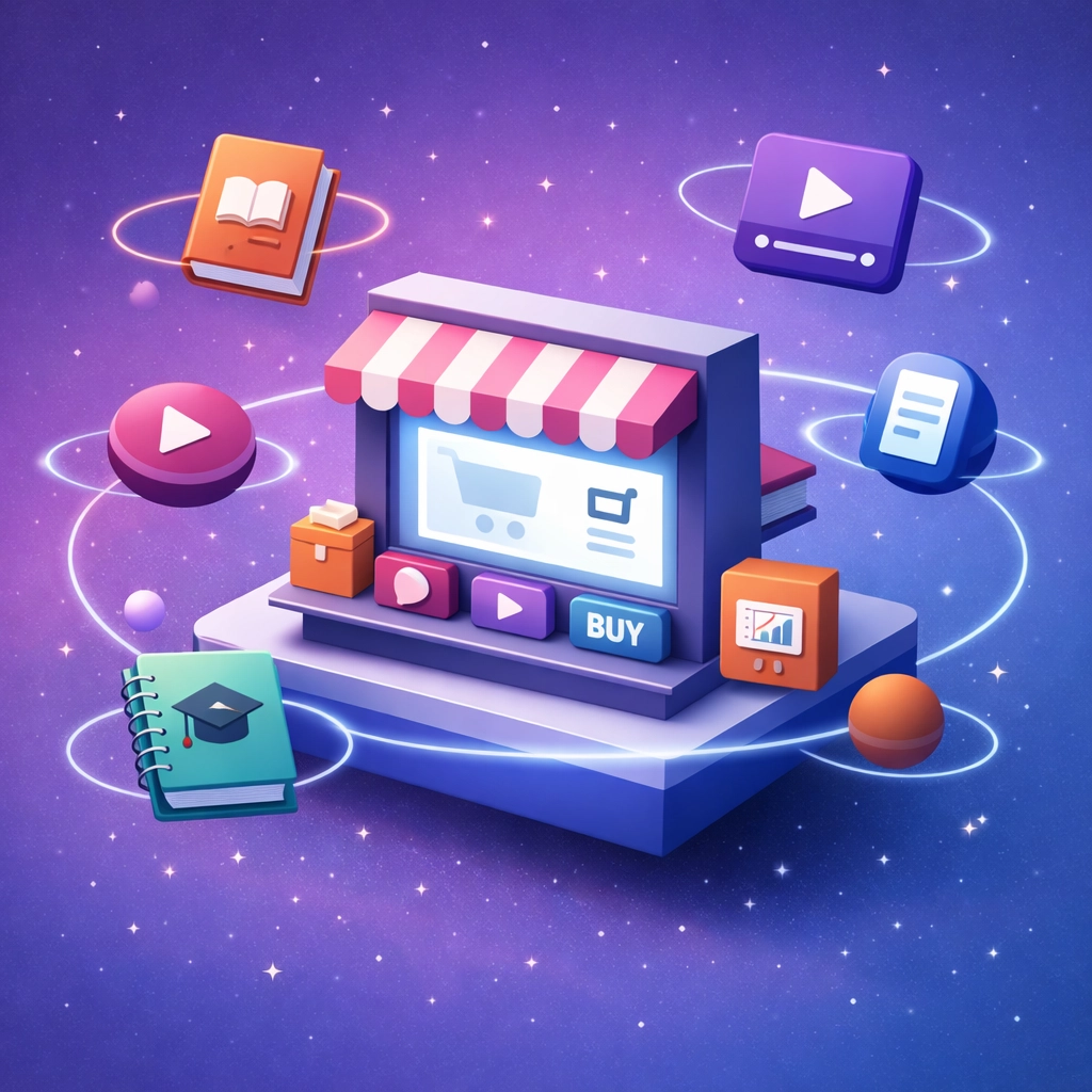 Digital products storefront with ebooks, video courses, and online learning materials