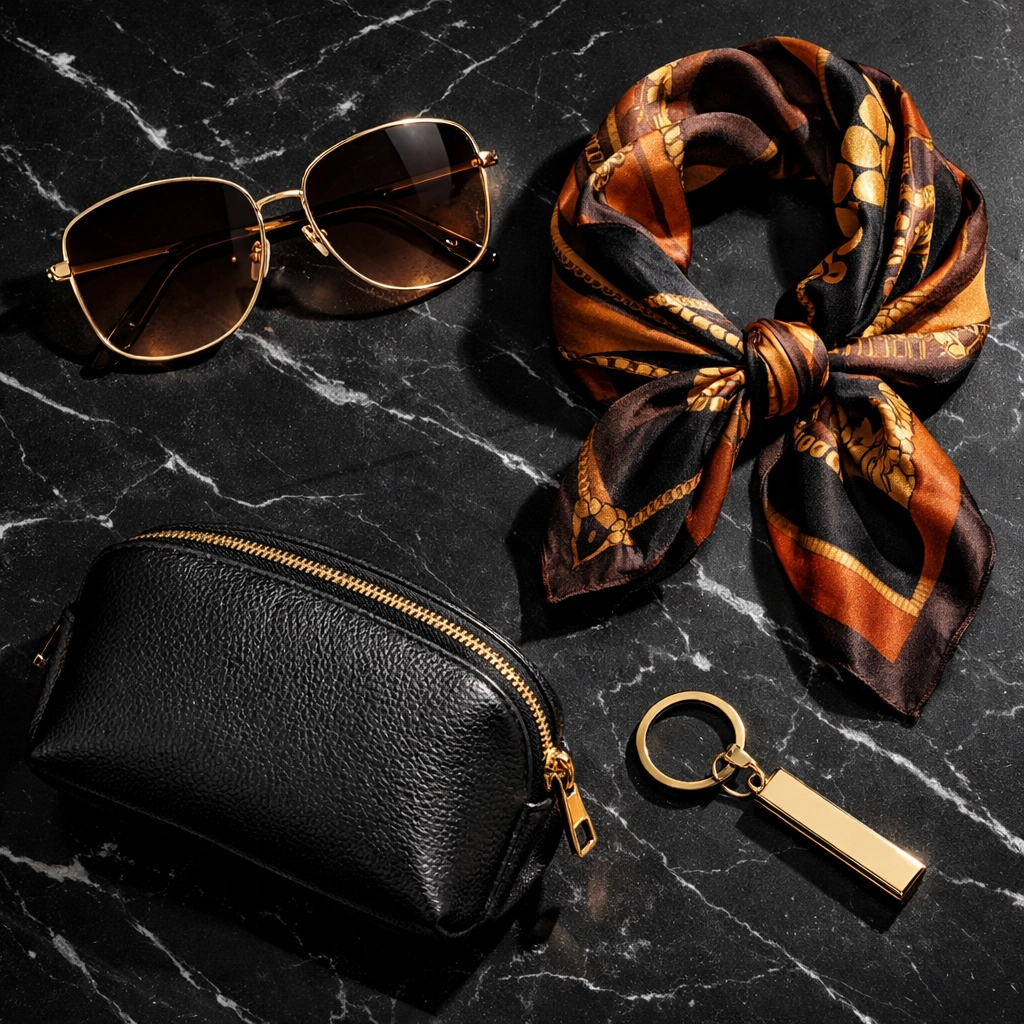 Flat lay of luxury Black-owned accessories including designer sunglasses, silk wraps, and cosmetic bags.