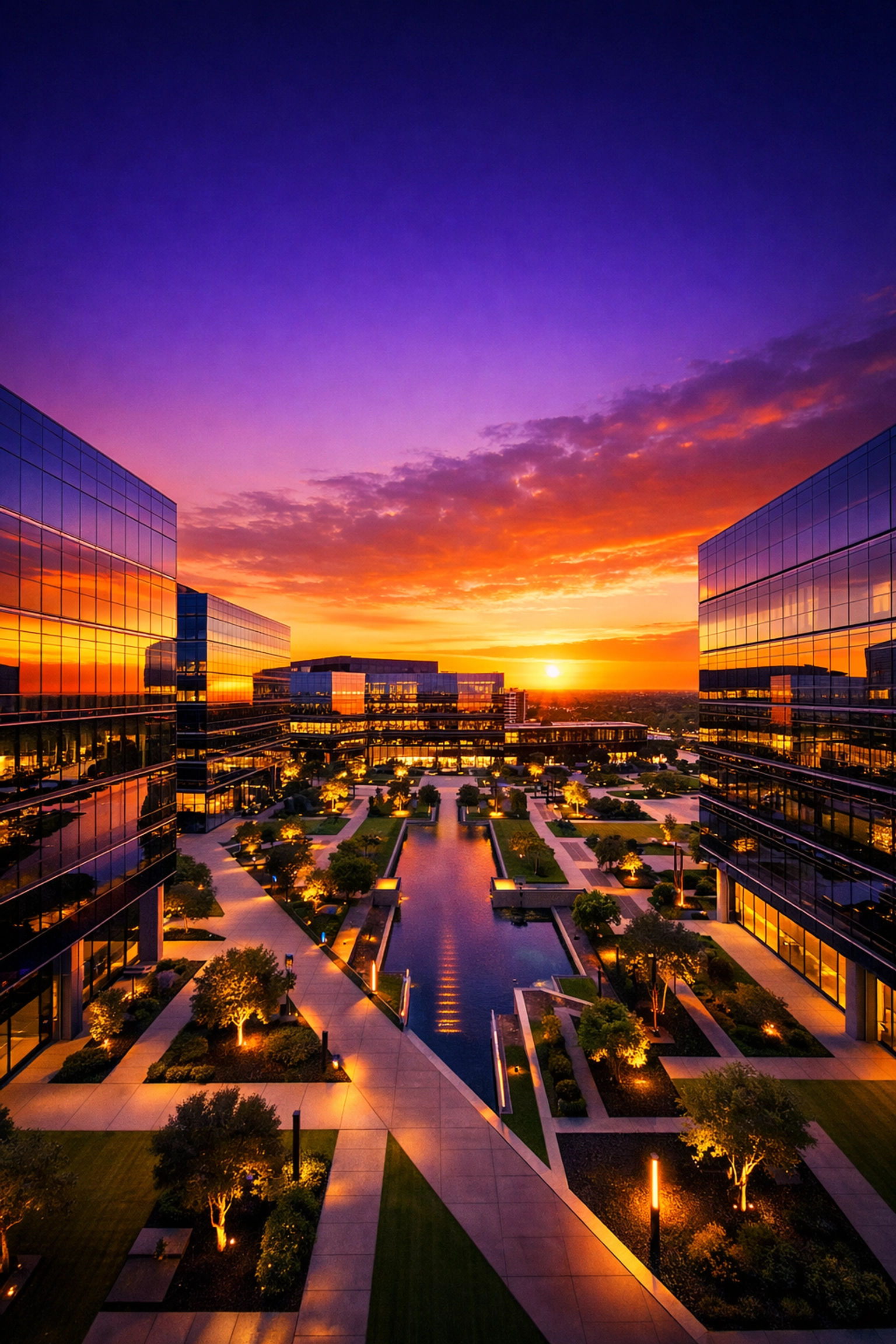 Professional drone footage of luxury corporate campus at sunset showing cinematic quality