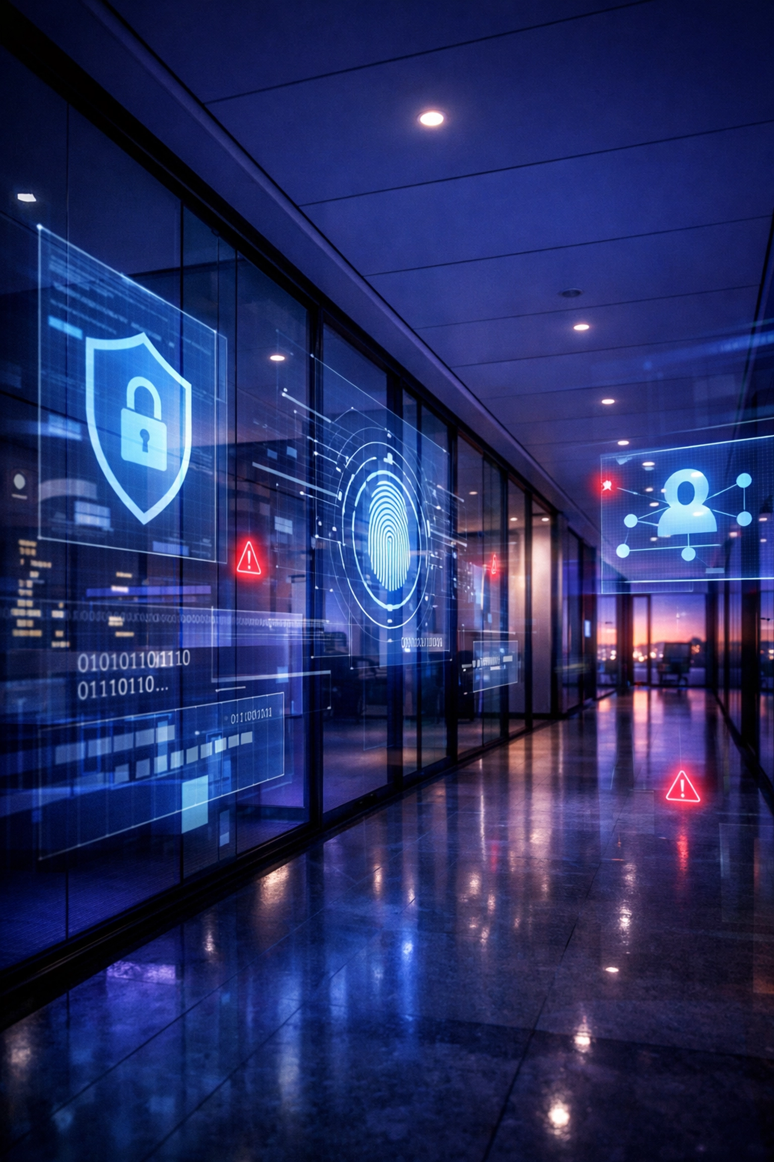 Modern healthcare office with layered cybersecurity monitoring and threat detection systems