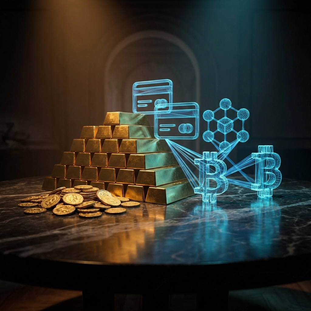 Gold bars and coins displayed with digital credit symbols, highlighting traditional and modern private credit strategies.