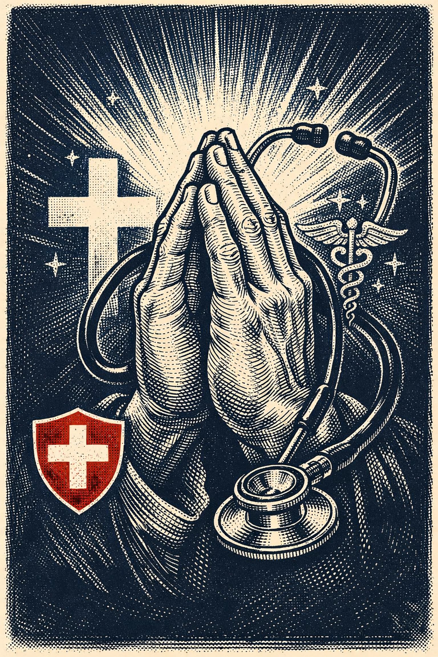 Hands in prayer with medical symbols representing faith and healthcare response